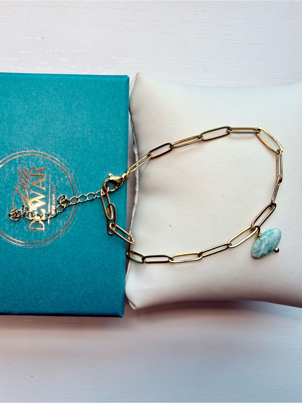 Gold Paperclip Chain Link Bracelet with Amazonite Charm